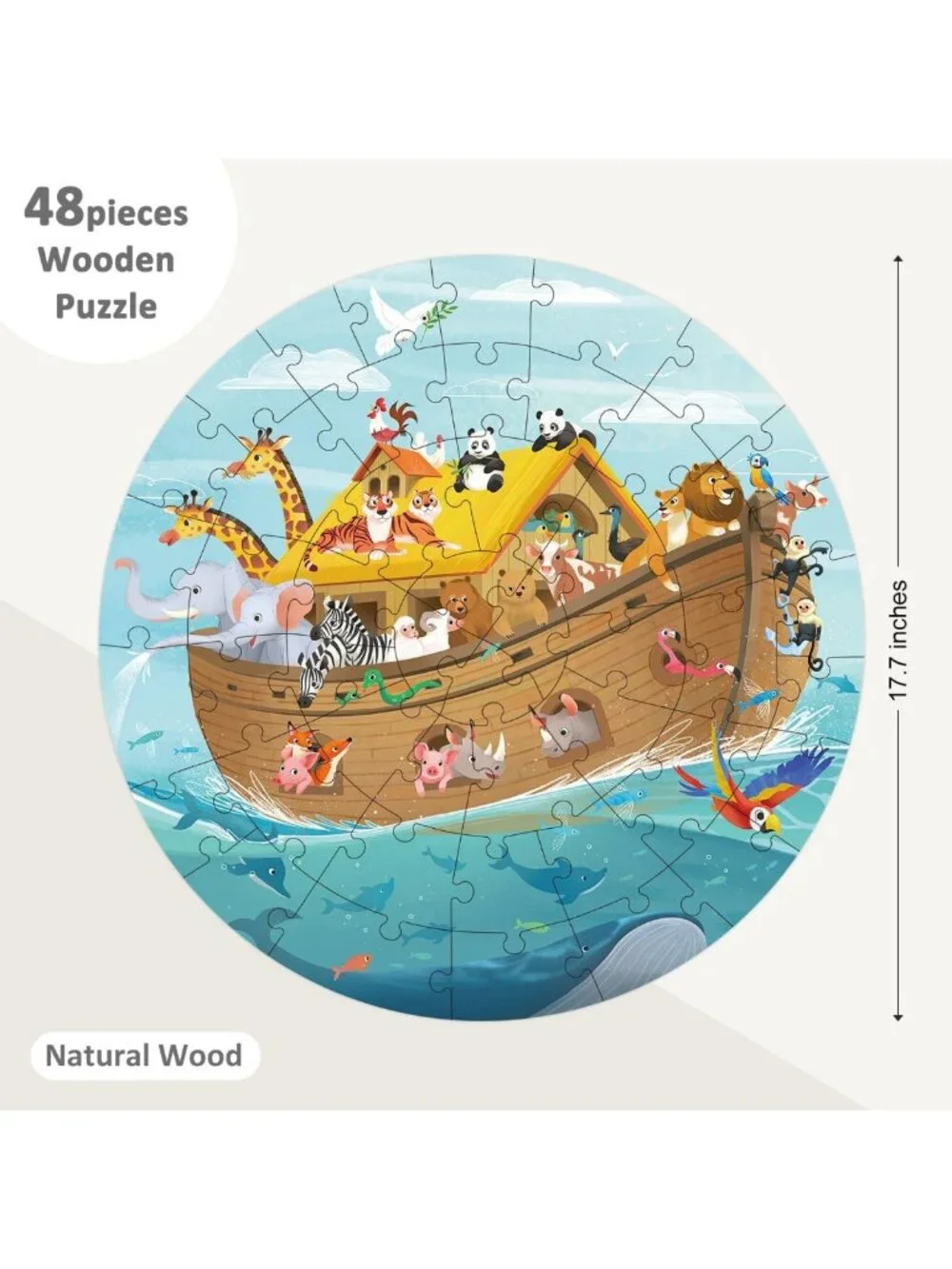 Wooden Noah's Ark Puzzle - 48 Piece Round Jigsaw for Kids 3-8, Educational
